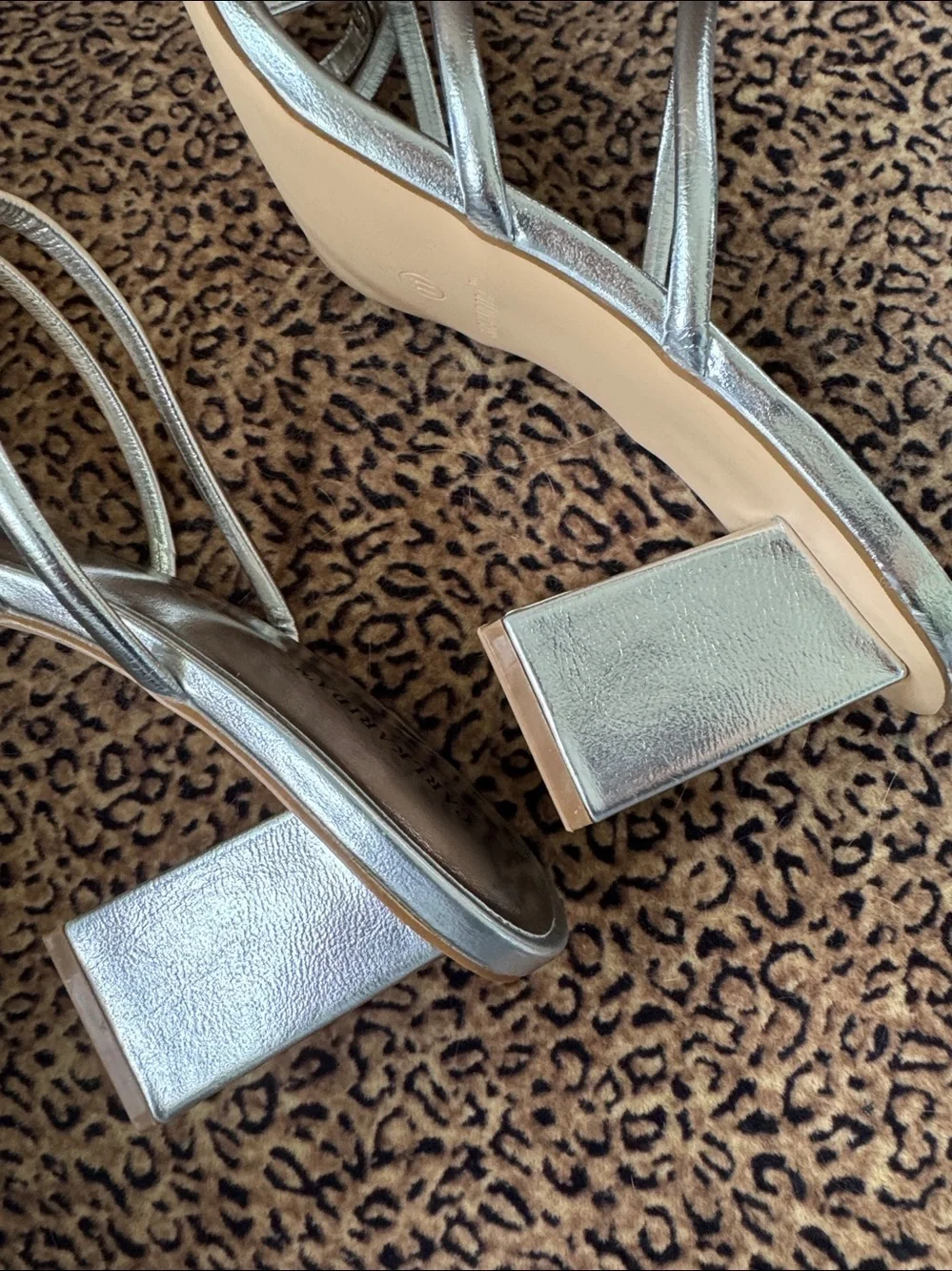 Silver Strappy Square-Toe Heeled Sandals Carlkarida NEW 11 block heel